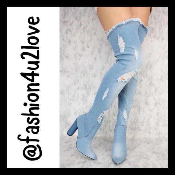 Cape Robbin Denim Distressed Thigh High Boots - Picture 2 of 6